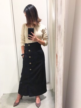 「Aunt Marie's（アントマリーズ）のAUNT MARIE'S レザーサス付きハイウエストナロースカート（スカート）」を使った、harucaさん（レディース・155cm）の秋コーディネート
