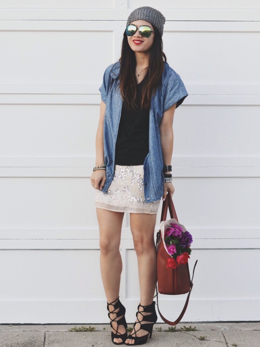 「3.1 Phillip Lim x Target、BAG、beaded、chambray、Derek Lam x Kohl's、H&M、heels、jacket 、skirt、ZARA」｜Nancyさん（レディース）の冬コーディネートの1枚目の写真
