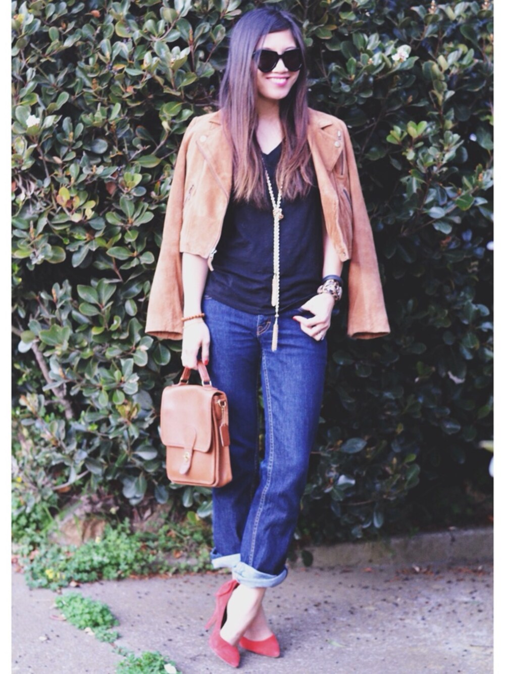 「BAG、BANANA REPUBLIC、baublebar、COACH、GAP、heels、jacket 、jeans、madewell、necklace」｜Nancyさん（レディース）の冬コーディネートの1枚目の写真