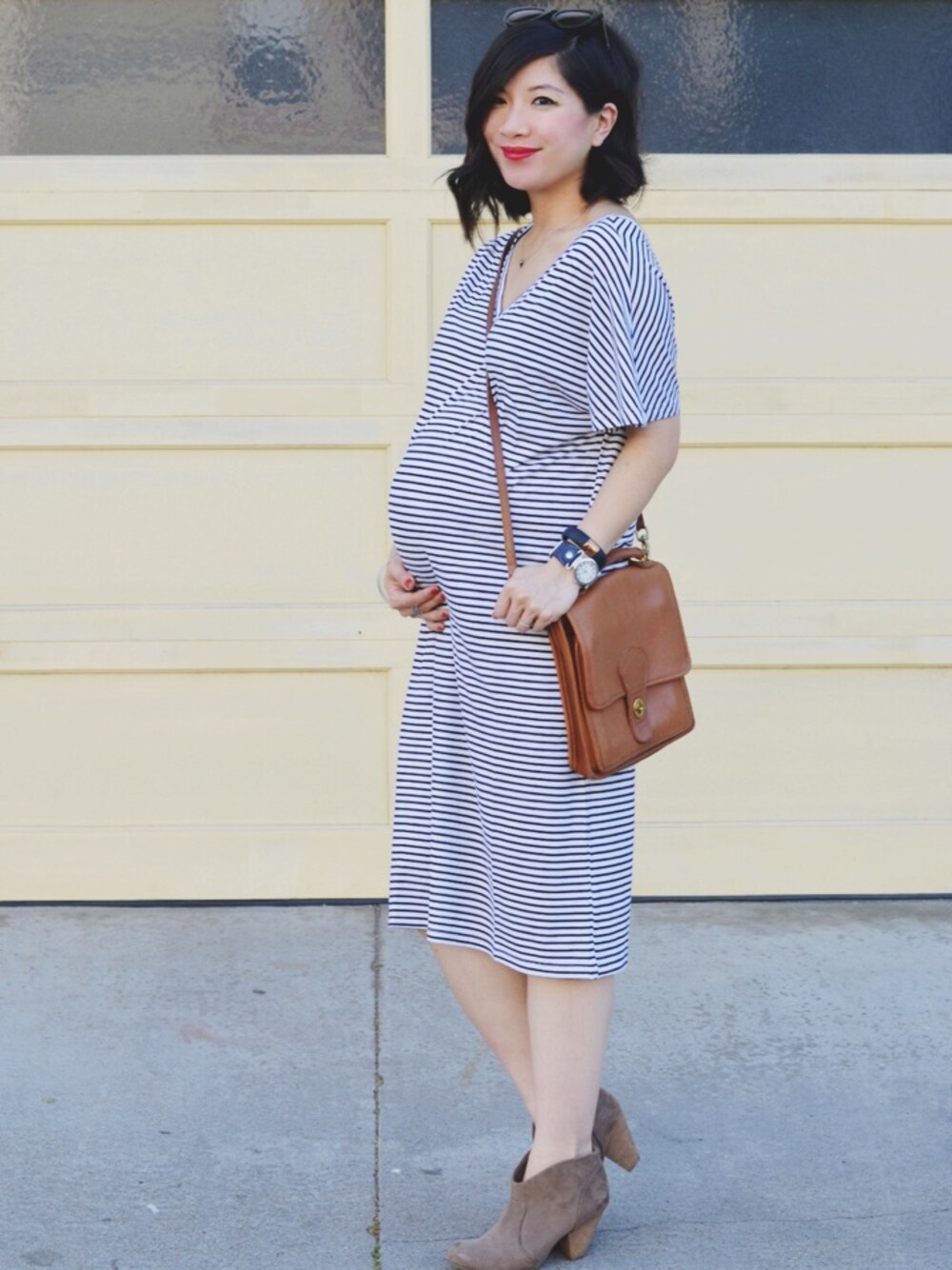 「BAG、COACH、dress、Madeleine Maternity、striped」｜Nancyさん（レディース）の春コーディネートの1枚目の写真