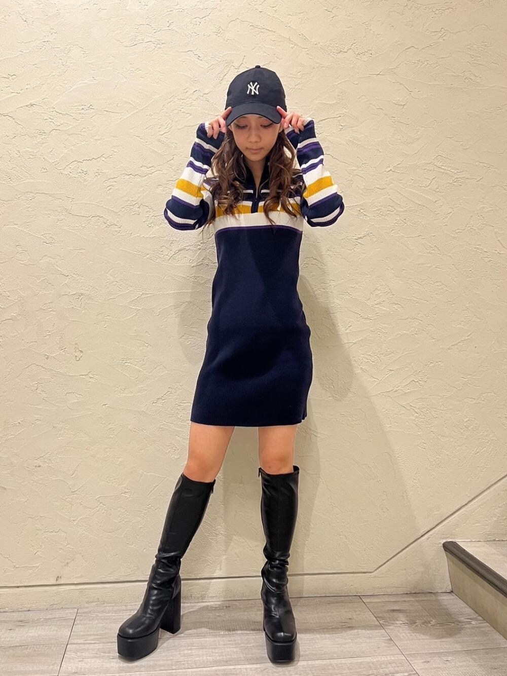 「レザーブーツ、ワンピコーデ、ミニワンピ、厚底ブーツ、SPIRALGIRL、MLB、タイトワンピ、BTTF、低身長こーで、ブーツ　」｜「SPIRALGIRLの美脚ロングブーツ（ブーツ、ブラック系）」を使った、saaaraaa9さん（レディース・152cm）の冬コーディネートの1枚目の写真