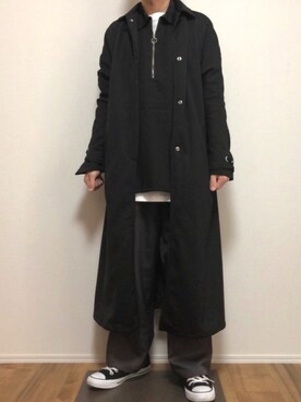 「部屋撮り」｜「アイテム（ステンカラーコート）」を使った、ゆうさん（メンズ・165cm）の春コーディネート