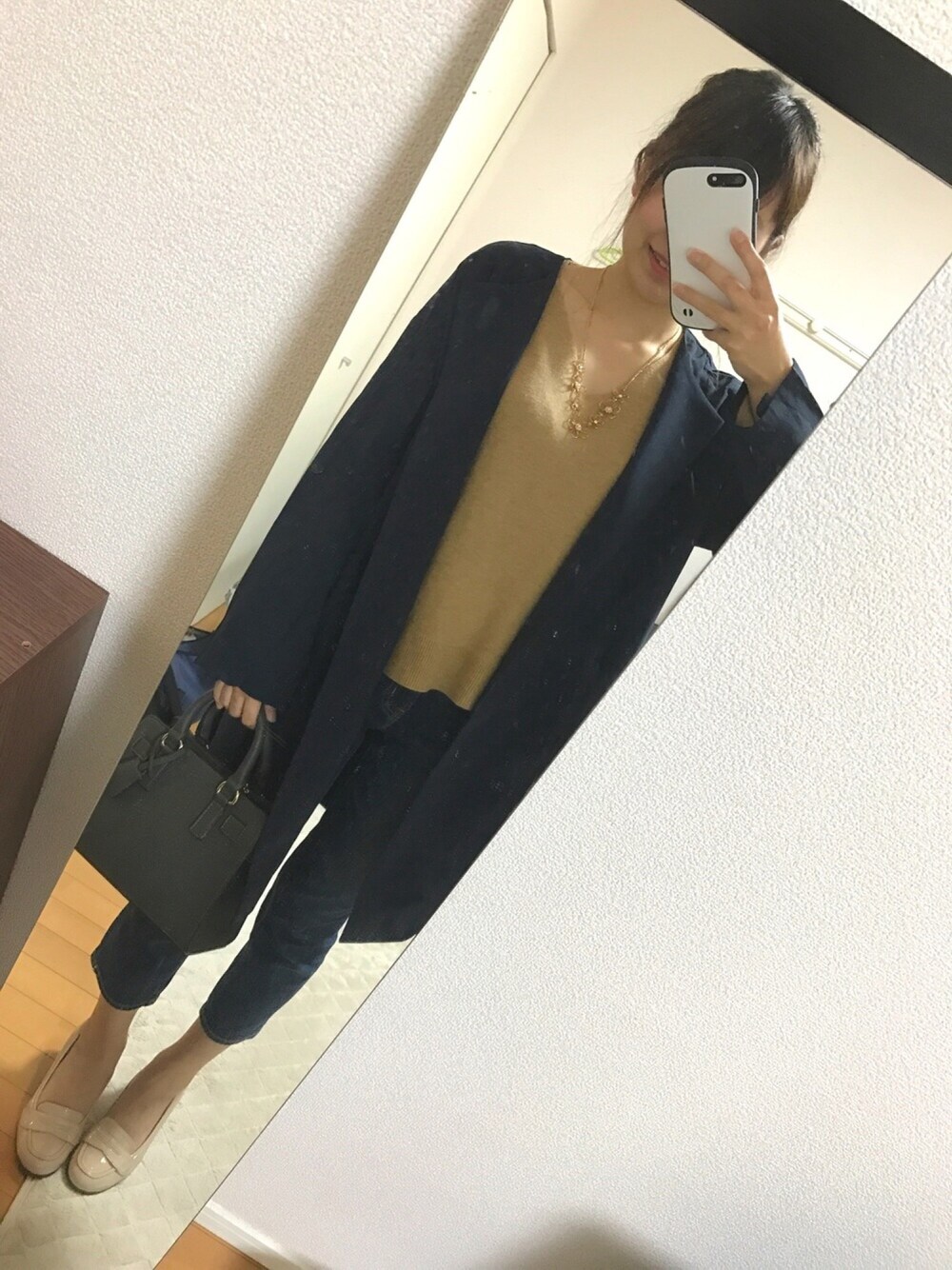 「プチプラ、カジュアル、ノーカラーコート、春コーデ、デニムコーデ」｜「ROPE' PICNICのアイテム（ニット/セーター、ベージュ系）」を使った、Misato♡さん（レディース・160cm）の春コーディネートの1枚目の写真