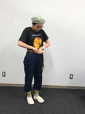 「Tシャツ×デニム」｜「アイテム（ハンチング/ベレー帽）」を使った、こうざいさん（レディース・155cm）の夏コーディネート