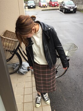 「select MOCA（セレクトモカ）のアイテム（ライダースジャケット）」を使った、IYOさん（レディース・159cm）の秋コーディネート