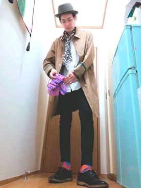 「秋のカフェオレコーデ」｜「アイテム（ステンカラーコート）」を使った、OKAWA⭐︎相互さん（メンズ・180cm）の秋コーディネート