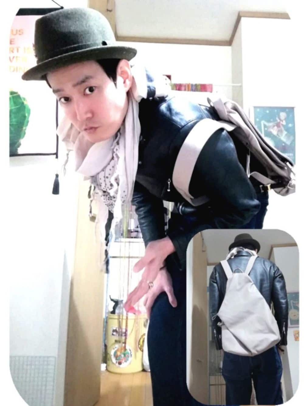 「秋のコーデ、シンプル、ストリート、ブラック、プチプラ、デニム、ベージュ、リュック、ライダース、フォロー返します」｜「n'OrLABELの『オリジナルデザインリュック』（バックパック/リュック、ベージュ系）」を使った、OKAWA⭐︎相互さん（メンズ・180cm）の秋コーディネートの1枚目の写真