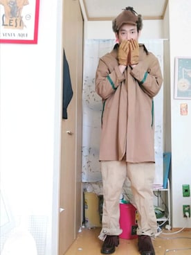 「INFIELDER DESIGN（インフィールダーデザイン）のアイテム（帽子）」を使った、OKAWA⭐︎相互さん（メンズ・180cm）の冬コーディネート