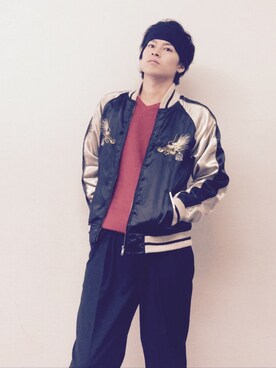 「アイテム（スタジャン、ゴールド系）」を使った、むんさん（メンズ・180cm）の春コーディネート