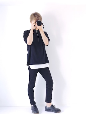 「RAGEBLUE（レイジブルー）のハーフZIPシャツ/796614（シャツ/ブラウス、ブラック系）」を使った、ザッキーさん（メンズ・182cm）の夏コーディネート