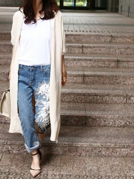 「cawaii（カワイイ）のアイテム（カーディガン/ボレロ）」を使った、CAWAIIスタッフさん（レディース・155cm）の春コーディネート