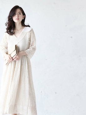 「アイテム（ワンピース/ドレス、ベージュ系）」を使った、CAWAIIスタッフさん（レディース・155cm）の夏コーディネート