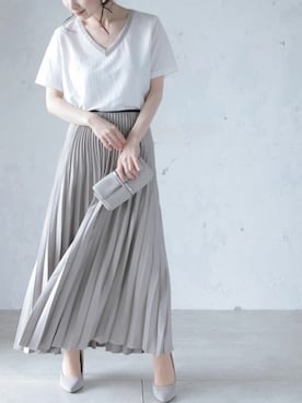 「Vネック」｜CAWAIIスタッフさん（レディース・155cm）の夏コーディネート
