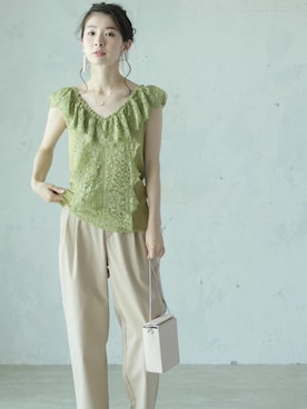 「Vネック」｜CAWAIIスタッフさん（レディース・155cm）の夏コーディネート