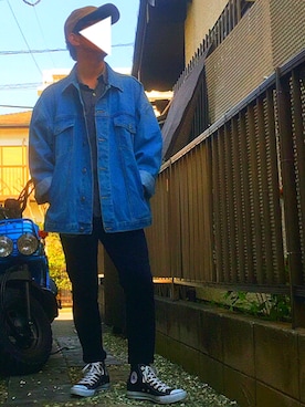 「古着のアイテム（シャツ/ブラウス、ブラック系）」を使った、ひかにんじんさん（メンズ・168cm）の春コーディネート