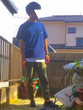 「DANTON（ダントン）のポケットTシャツ SO  MEN（Tシャツ/カットソー、ブルー系）」を使った、ひかにんじんさん（メンズ・168cm）の夏コーディネート