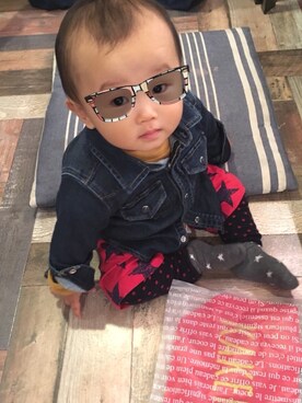 「アイテム（タイツ/ストッキング、ブルー系）」を使った、ぽこさん（キッズ・70cm）の秋コーディネート