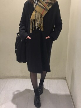 「チェックマフラー」｜「アイテム（チェスターコート）」を使った、りなちさん（レディース・166cm）の冬コーディネート