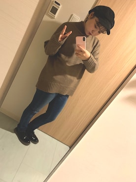 「GU（ジーユー）のアイテム（ニット/セーター、ブラウン系）」を使った、noriさん（レディース・156cm）の秋コーディネート