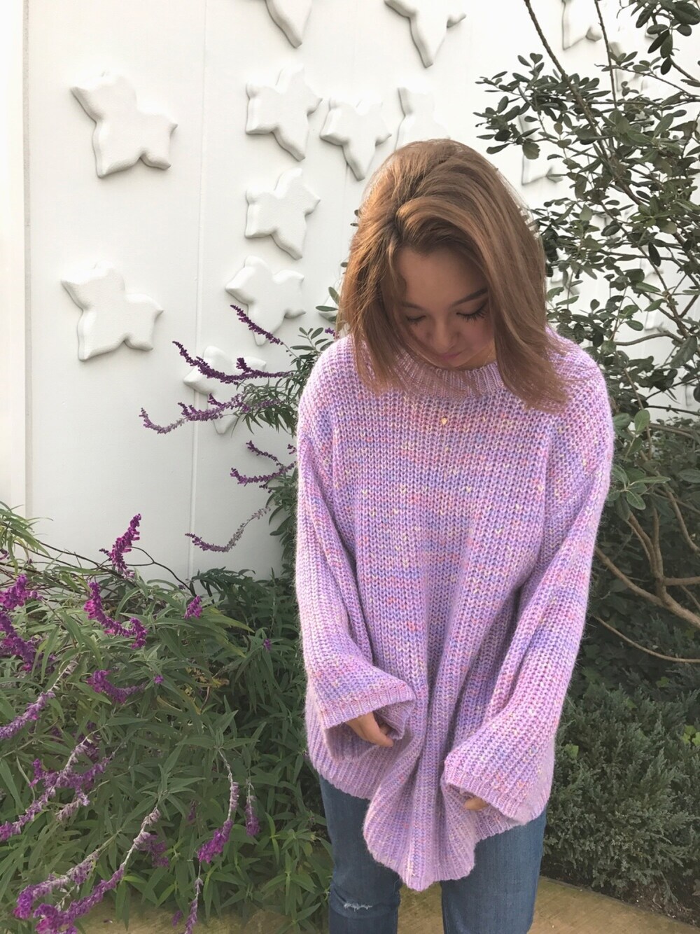 「Vicente、ママコーデ、ママファッション」｜「Vicenteのミックスカラーニットワンピース（ワンピース、パープル系）」を使った、ANNAさん（レディース・156cm）の冬コーディネートの1枚目の写真