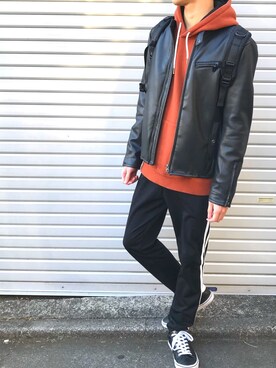 「Right-on（ライトオン）のアイテム（ライダースジャケット）」を使った、Mizponさん（メンズ・170cm）の冬コーディネート