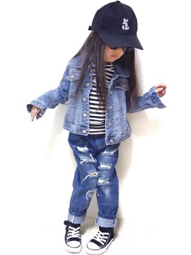 「ig@smilekids888のアイテム（デニムパンツ、ブルー系）」を使った、子供服🇰🇷smilekids888さん（キッズ）の夏コーディネート