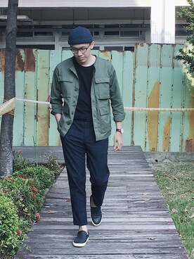 「plain-me（プレインミー）のアイテム（ミリタリージャケット）」を使った、Yongさん（メンズ・180cm）の春コーディネート