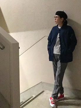 「センタープレスパンツ」｜「アイテム（ハンチング/ベレー帽）」を使った、Azさん（レディース・153cm）の冬コーディネート
