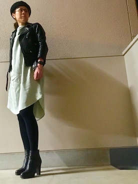 「ミントグリーン」｜「アイテム（ライダースジャケット）」を使った、Azさん（レディース・153cm）の春コーディネート