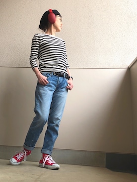 「アイテム（音楽/本・雑誌、レッド系）」を使った、Azさん（レディース・153cm）の春コーディネート