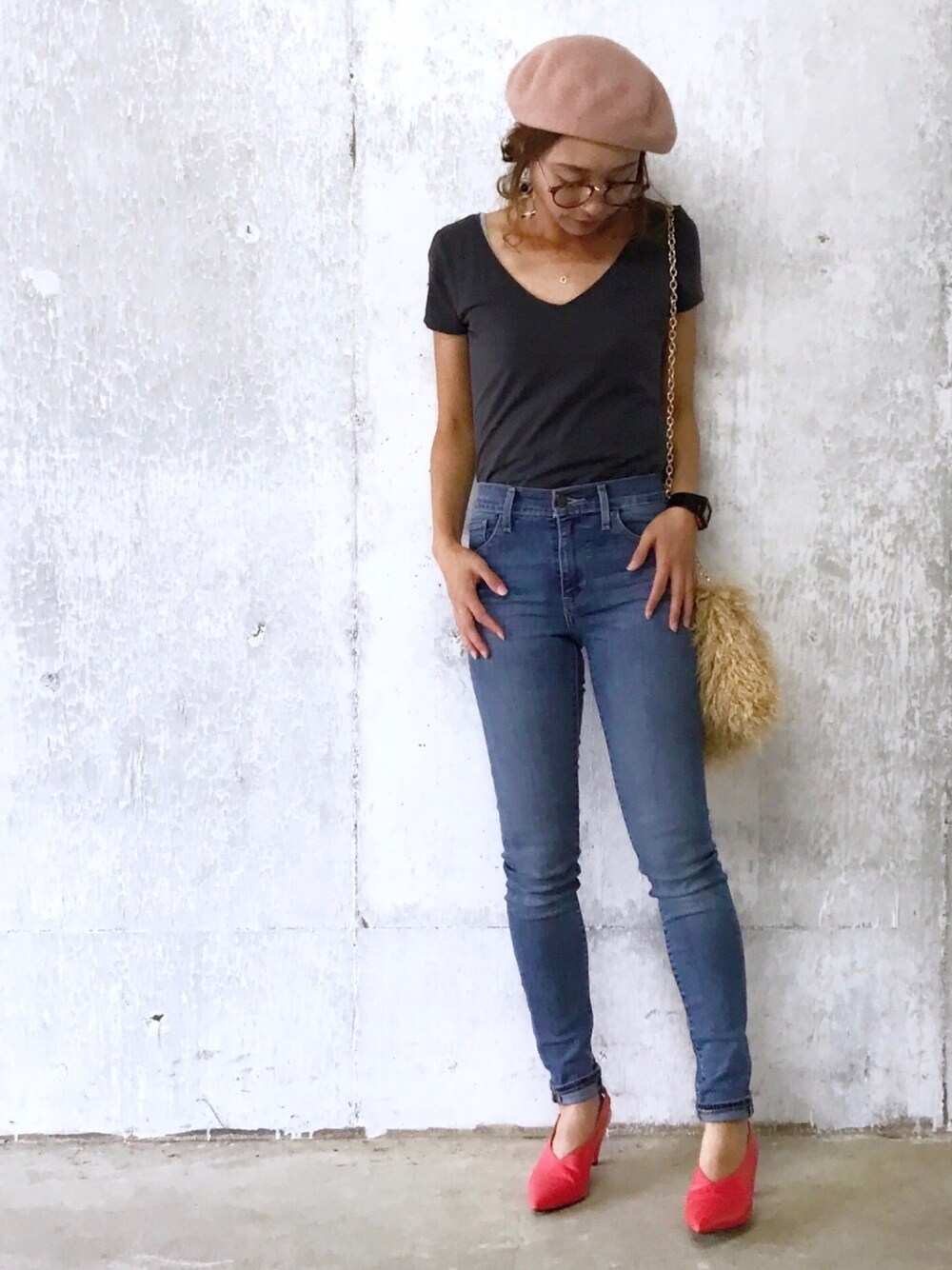 「オトナカジュアル、カジュアル、ママコーデ、デニムパンツ、GU、リーバイス、Levis、ベレー帽、きれいめカジュアル、ドラフトLS」｜「Levi'sの721 ASIA HIGH SKINNY FINE LINE（デニムパンツ、ブルー系）」を使った、chappyさん（レディース・160cm）の秋コーディネートの1枚目の写真