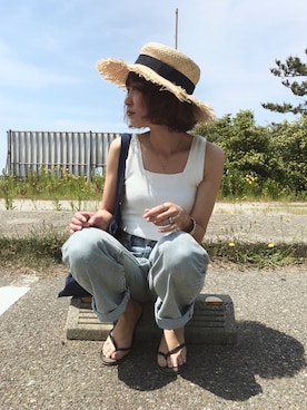 「ライトブルーデニム」｜「アイテム（ビーチサンダル）」を使った、chappyさん（レディース・160cm）の春コーディネート