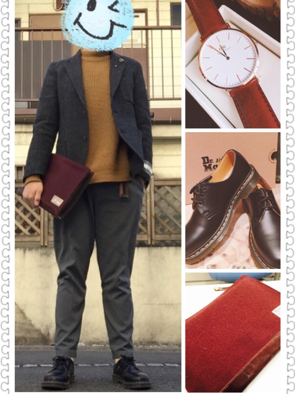 グレー系のその他パンツ、イエロー系のニット/セーター、グレー系のテーラードジャケットを着用したメンズの冬コーディネートの1枚目の写真