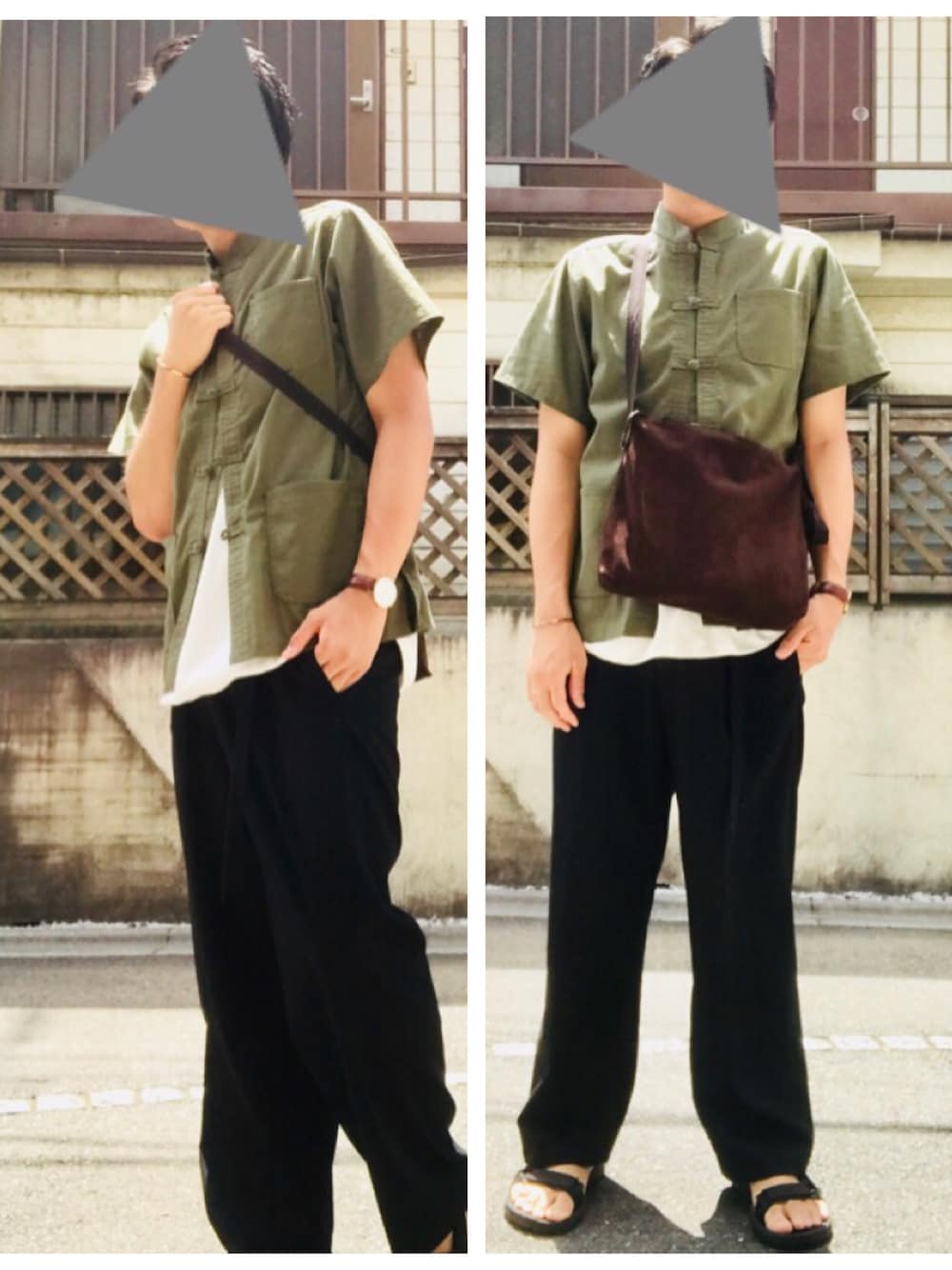 ブラック系のその他パンツ、ブラウン系のショルダーバッグ、グリーン系のトップスを着用したメンズの夏コーディネートの1枚目の写真