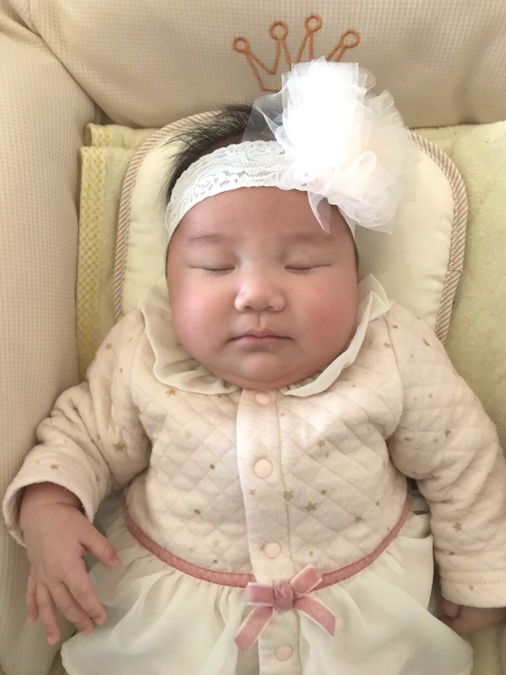 「ベビーコーデ、赤ちゃん、まんまる、むちむち」｜「petit mainの星柄シフォン切替２ＷＡＹロンパース（ロンパース、ピンク系）」を使った、もっさんさん（レディース・152cm）の冬コーディネートの1枚目の写真