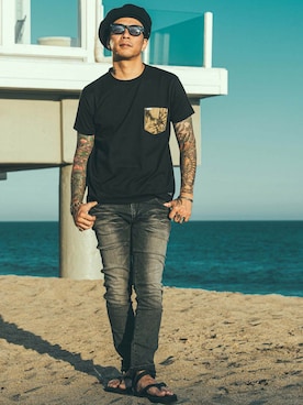 「ポケットＴシャツ」｜「アイテム（ハンチング/ベレー帽）」を使った、TAKE(GARDEN CREW)さん（メンズ・170cm）の夏コーディネート