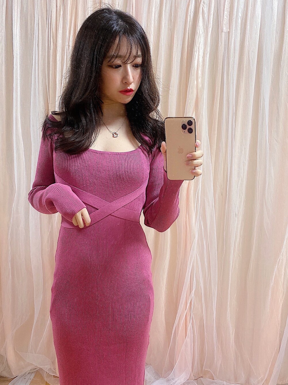 「春コーデ、プチプラ、韓国ファッション、ニットワンピース、デート、タイトワンピース、ピンク、リボン、ootd、低身長」｜「vanrepetitepoupeeのShop→https://vanre.thebase.in/（ワンピース、ピンク系）」を使った、mayaさん（レディース・149cm）の春コーディネートの1枚目の写真