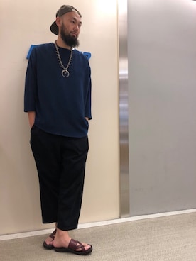 「AlexanderLeeChang（アレキサンダーリーチャン）のアイテム（キャップ）」を使った、すずき ともたかさん（メンズ・183cm）の夏コーディネート