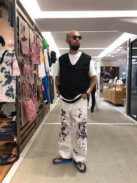 「MANASTASH（マナスタッシュ）のアイテム（ベスト）」を使った、すずき ともたかさん（メンズ・183cm）の夏コーディネート