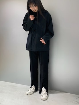 「CONVERSE TOKYO（コンバーストウキョウ）のステッチカーディガン（カーディガン/ボレロ、ブラック系）」を使った、MIOさん（レディース・157cm）の冬コーディネート