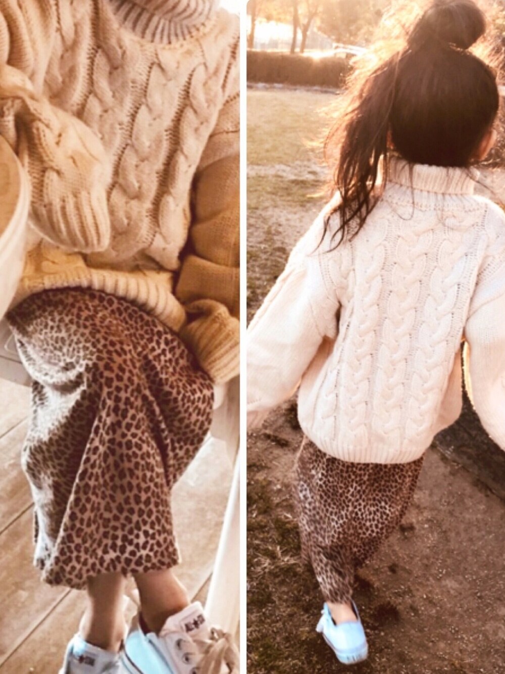 「休日スタイル、女の子コーデ、オーバーサイズ、韓国子供服、handmade、レオパード、コンバース、ざっくりニット、kids、ベージュコーデ」｜「韓国子供服のアイテム（ニット/セーター、ベージュ系）」を使った、yuniiiii0130さん（キッズ・110cm）の冬コーディネートの1枚目の写真