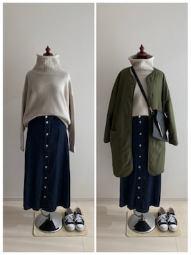 「Aラインスカート」｜「アイテム（ノーカラージャケット）」を使った、Chen Liさん（レディース・161cm）の冬コーディネート