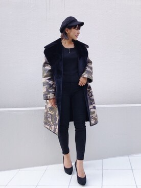 「迷彩」｜「アイテム（ムートンコート）」を使った、🍊さん（レディース・157cm）の秋コーディネート
