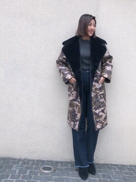 「迷彩」｜「アイテム（ムートンコート）」を使った、🍊さん（レディース・157cm）の冬コーディネート