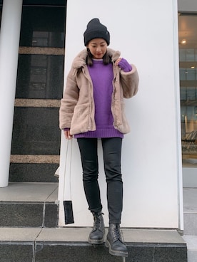「黒スキニー」｜「アイテム（ムートンコート）」を使った、🍊さん（レディース・157cm）の冬コーディネート