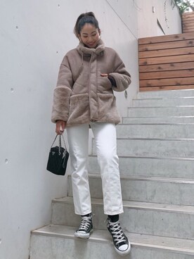 「ホワイトデニム」｜「アイテム（ムートンコート）」を使った、🍊さん（レディース・157cm）の冬コーディネート