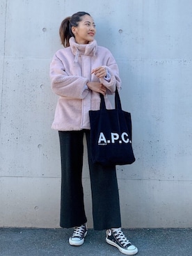 「アイテム（ムートンコート、ピンク系）」を使った、🍊さん（レディース・157cm）の冬コーディネート