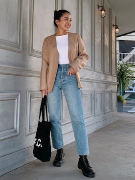 「春ニット」｜「アイテム（ノーカラージャケット）」を使った、🍊さん（レディース・157cm）の春コーディネート