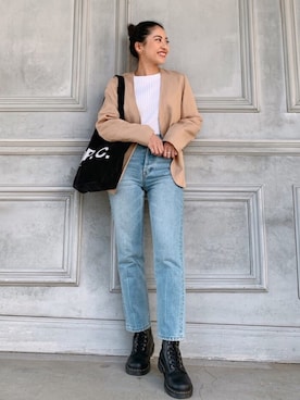 「ストレートデニム」｜「アイテム（ノーカラージャケット）」を使った、🍊さん（レディース・157cm）の冬コーディネート