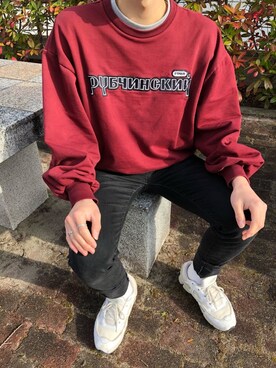 「Gosha Rubchinskiy（ゴーシャラブチンスキー）のGosha Rubchinskiy - ロゴ スウェットシャツ - men - コットン - S（スウェット、レッド系）」を使った、ラーメンさん（メンズ・177cm）の春コーディネート